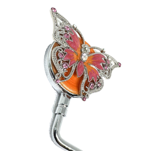 BLING BUTTERFLY PURSE BAG HOOK HOLDER ORANGE PINK FOLDING HANDBAG TABLE HANGER - Picture 3 of 4
